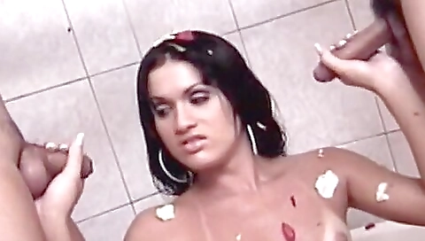 Hairy latina teen gets two dicks in her tight pussy