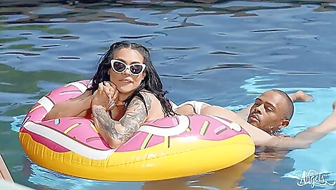 Blonde with a tattoo is getting fucked on the couch