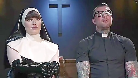 Busty brunette with short hair and stockings is fucked