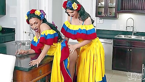 Brunette and big-titted brunette anal fuck with two hotties