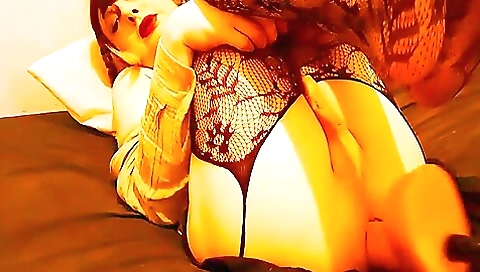 Belle fucking her hole with a hard dick in a factory