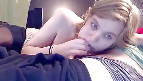 Sexy blonde slut in a sexy bra and white panties enjoys a dick